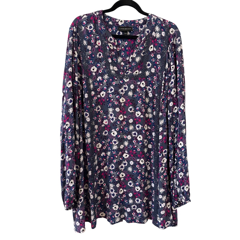 Lane Bryant Womens 18/20 Floral Blouse Crochet Lace Trim Cottagecore Garden